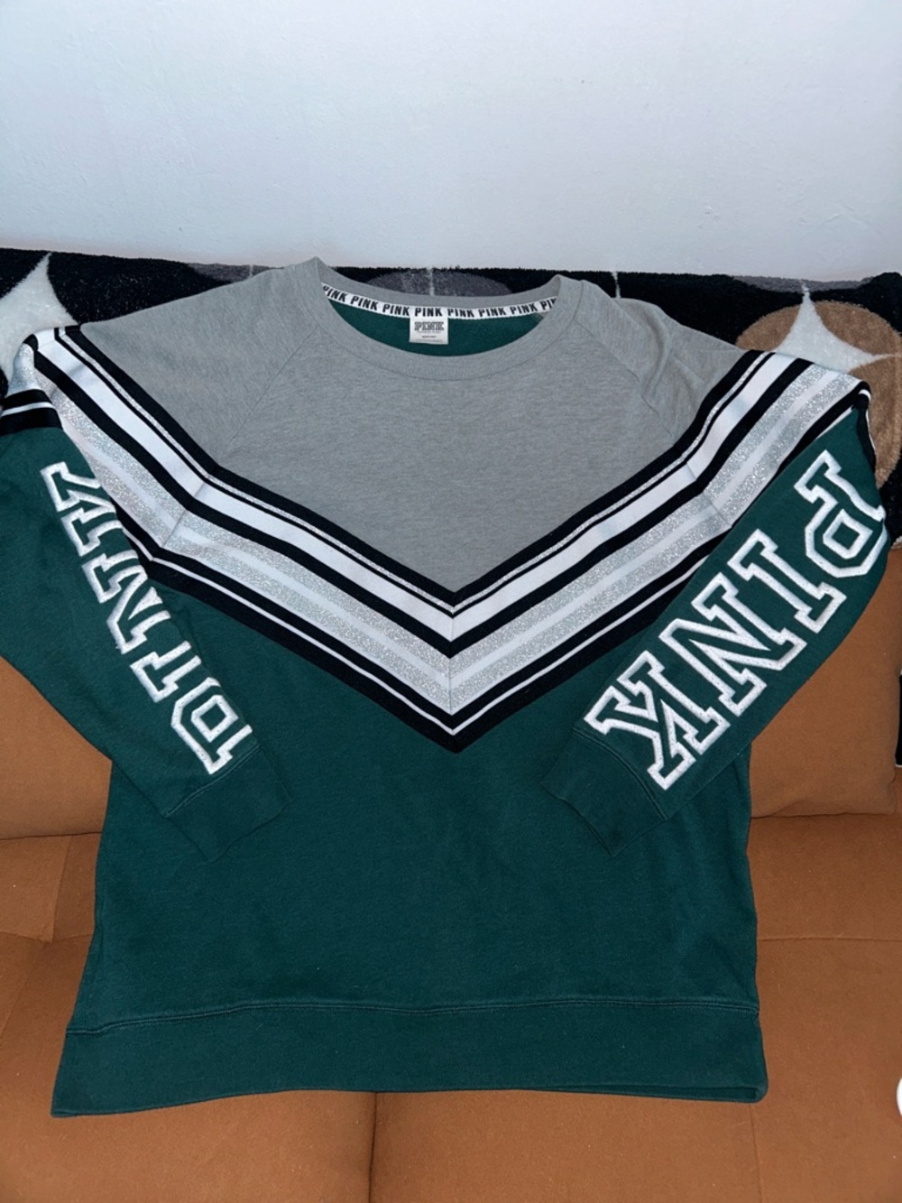 PINK Victoria's Secret Teal & Gray Chevron Pullover with Sleeve Logo